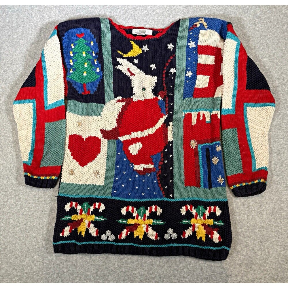 VTG Claudia D Christmas Sweater 90s Knit Rabbit Santa Ugly Holiday Heart L Party
